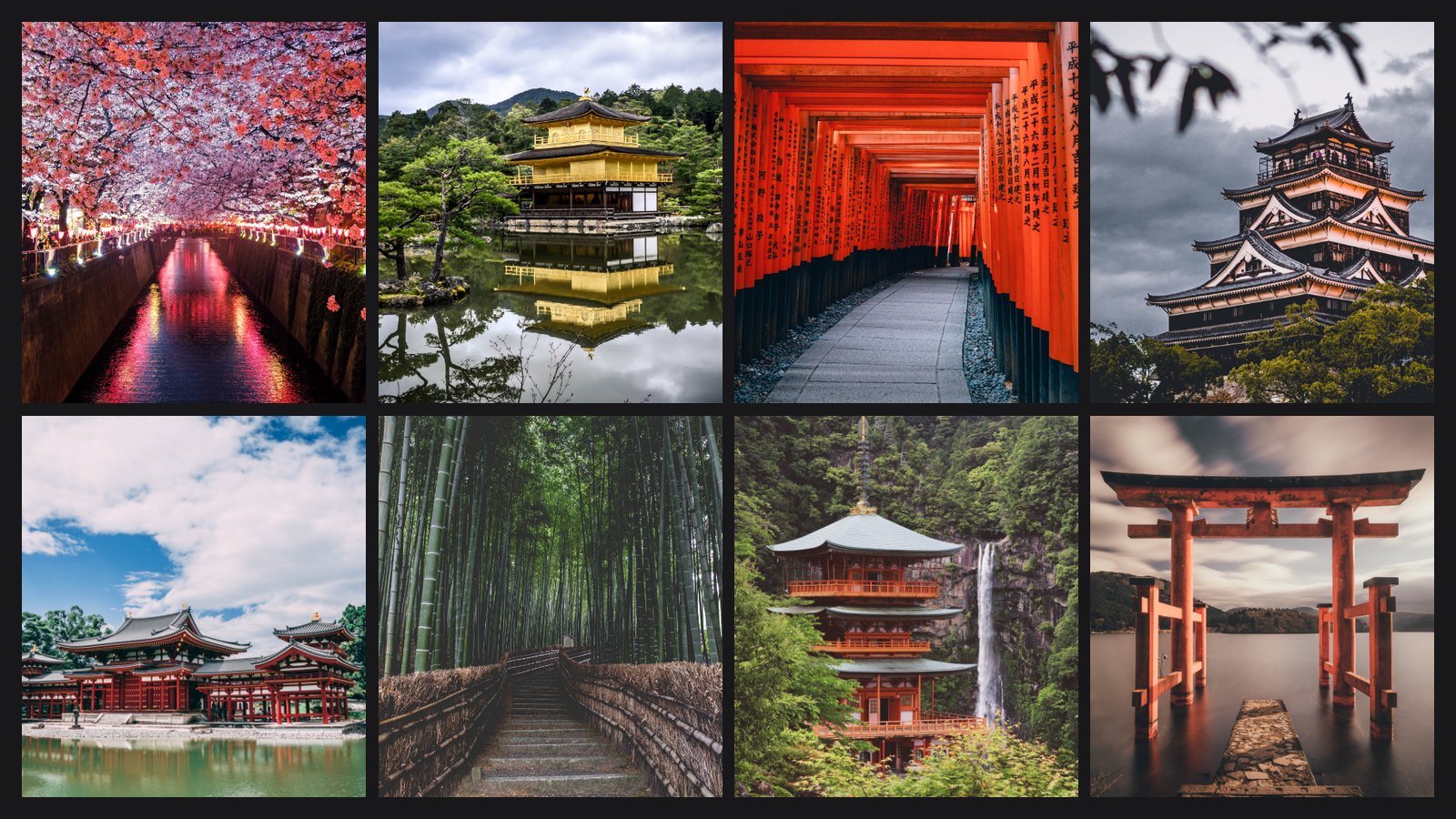 Les huit photographies de destinations utilisées dans la galerie du site Japan., disposées en planche de quatre par deux.