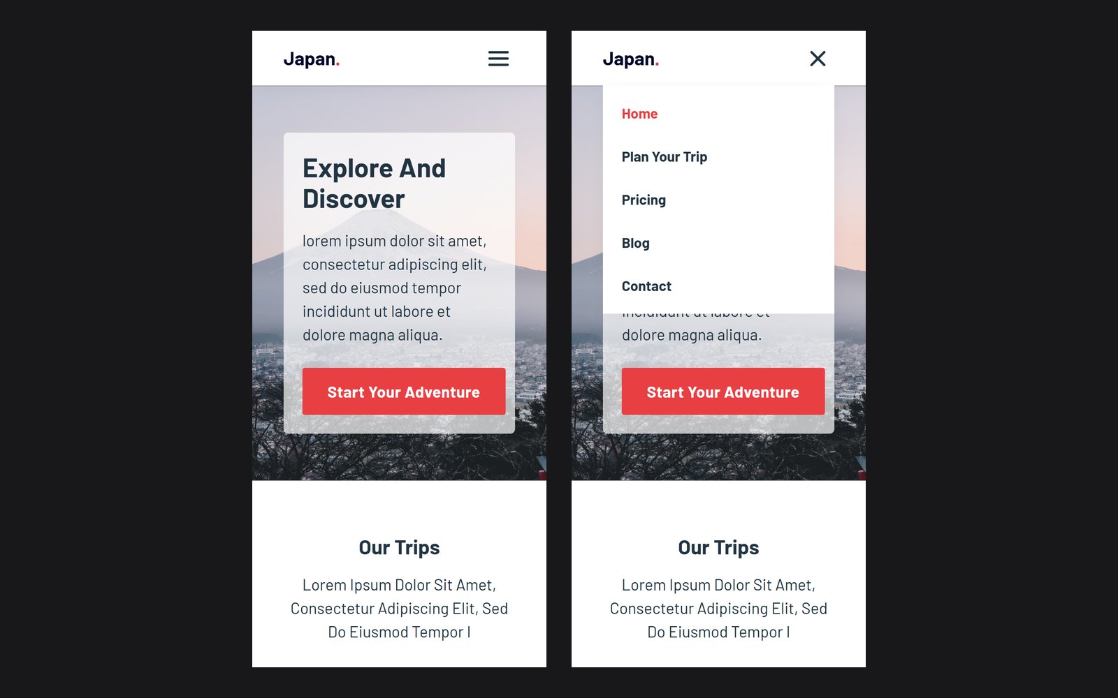 Le site en largeur mobile, côte à côte : à gauche le menu fermé et son icône burger, à droite le menu ouvert avec ses cinq entrées et la croix de fermeture.