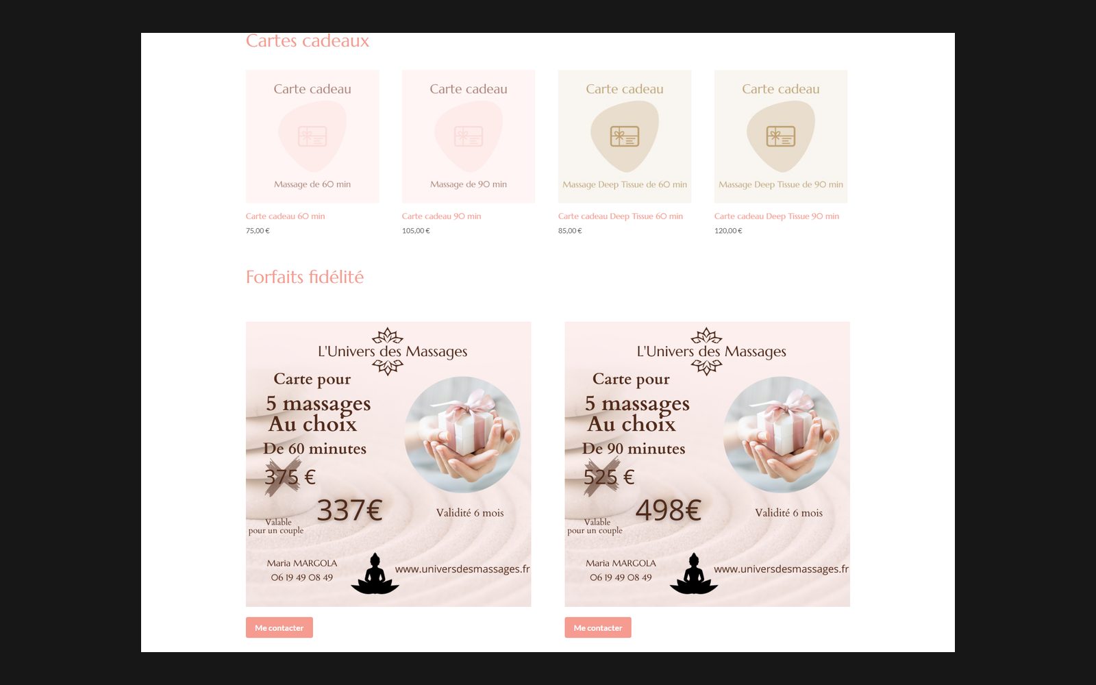 La page Boutique : les quatre cartes cadeaux affichées en grille avec leur prix, et en dessous les forfaits fidélité dont les boutons portent la mention « Me contacter ».
