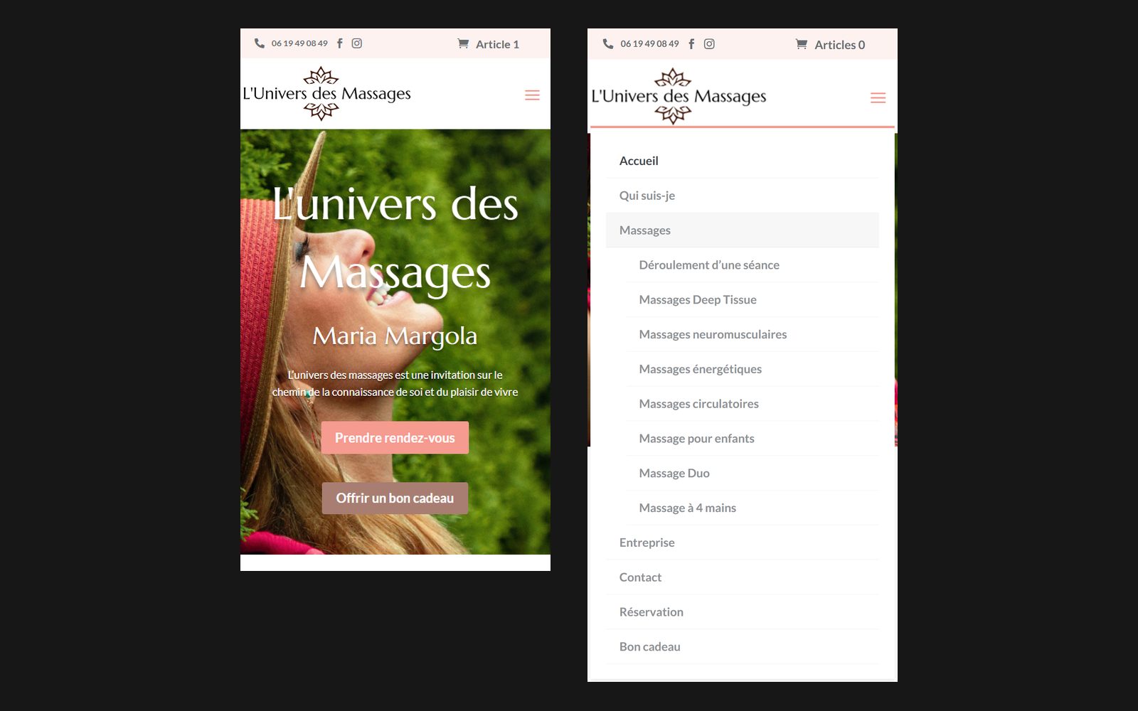 Le site en largeur mobile, côte à côte : à gauche le hero avec le menu fermé et son icône à trois barres, à droite le menu déroulé, avec les huit entrées de la rubrique Massages indentées sous leur entrée mère.