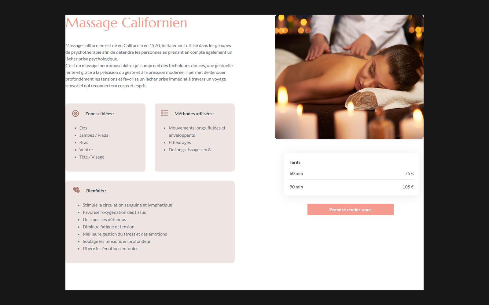 La fiche du massage californien : à gauche le texte de présentation et trois encadrés intitulés zones ciblées, méthodes utilisées et bienfaits ; à droite une photographie de massage et le tableau des tarifs à deux durées, surmontant le bouton de prise de rendez-vous.