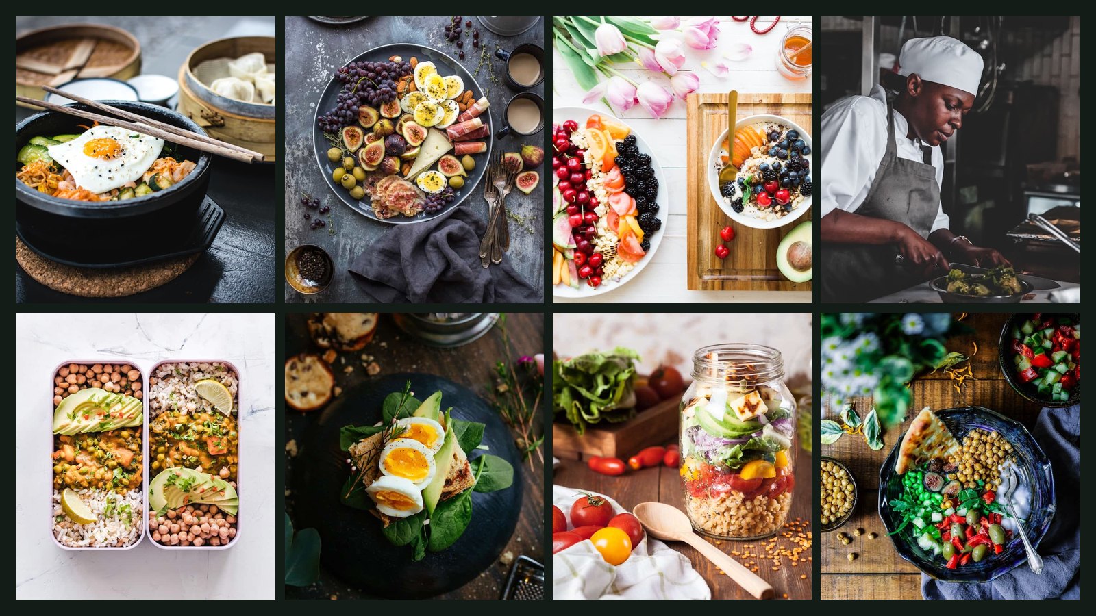 Huit des douze photographies de plats utilisées dans la galerie du site Omnifood, disposées en planche de quatre par deux.