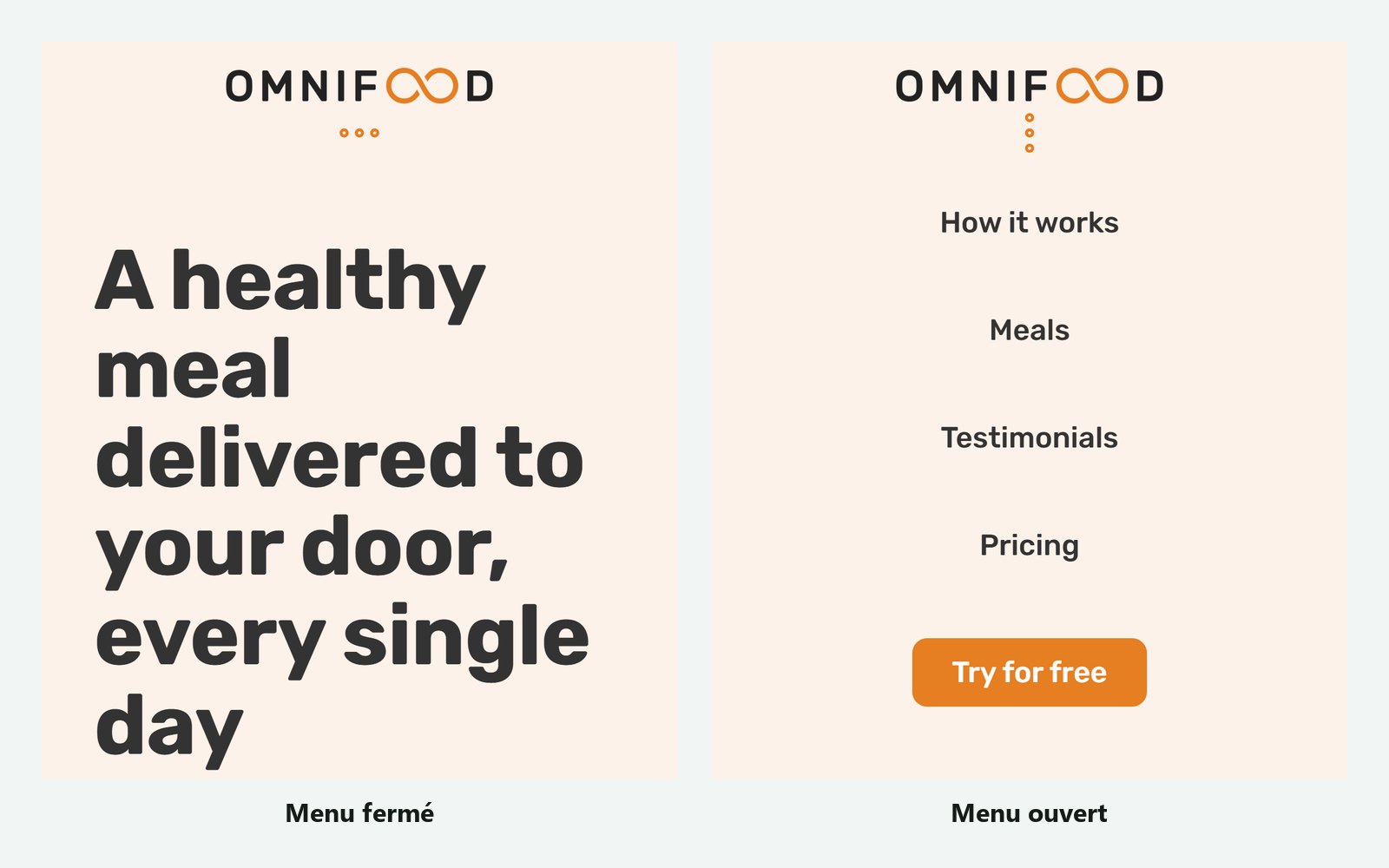Le site en largeur mobile, côte à côte : à gauche le menu fermé et son icône à trois points, à droite le menu ouvert avec ses cinq entrées.