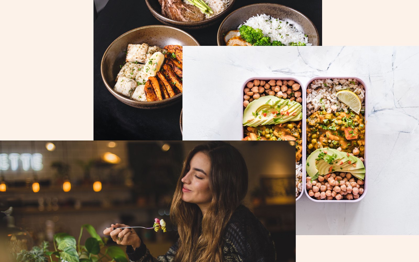 Trois photographies superposées : des bols de plats préparés, deux barquettes de repas, et une femme attablée devant un déjeuner.