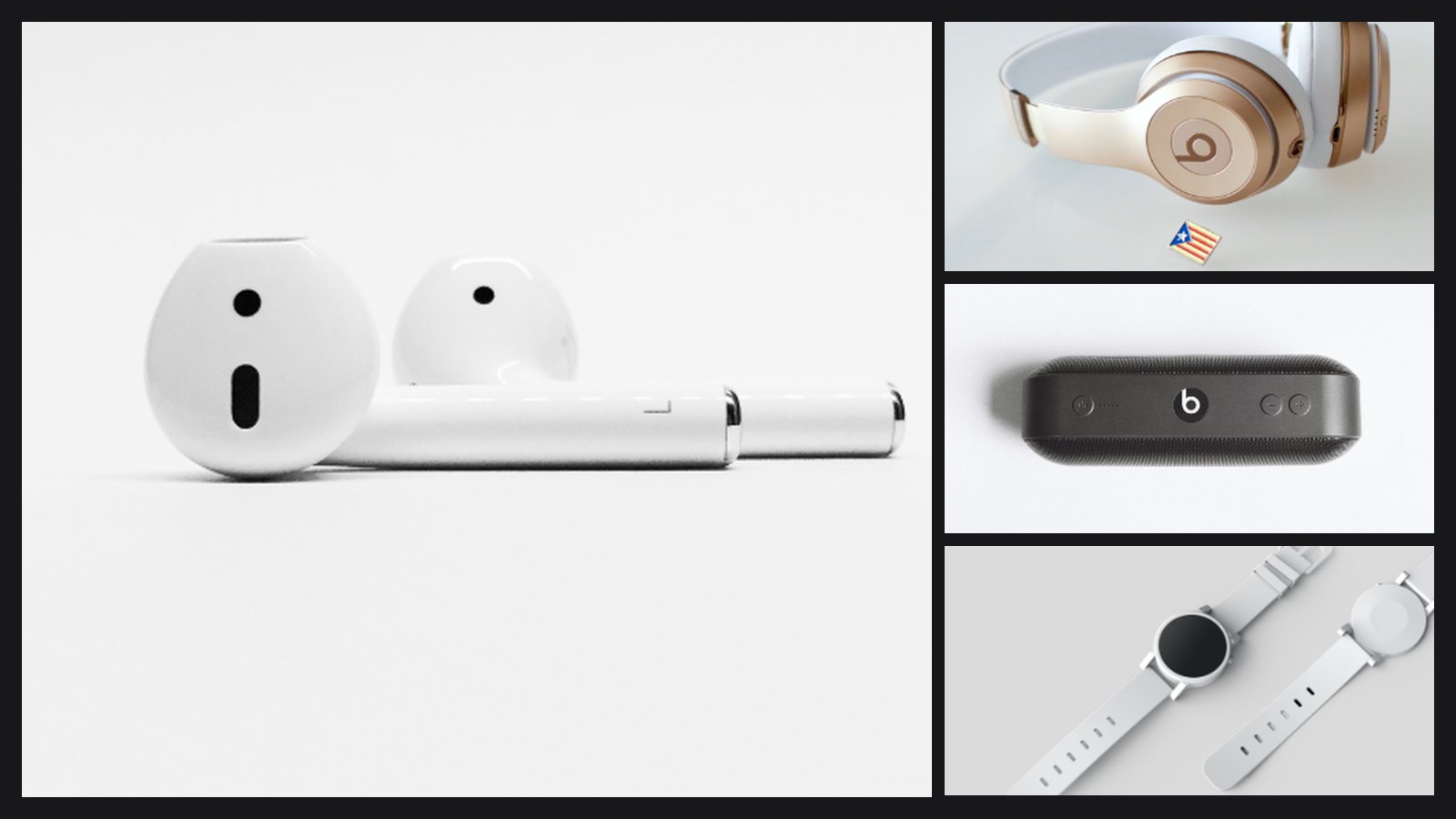 Les visuels de la fiche produit : les Air Pods en grand, et à droite le casque, l'enceinte et la montre proposés en produits associés.