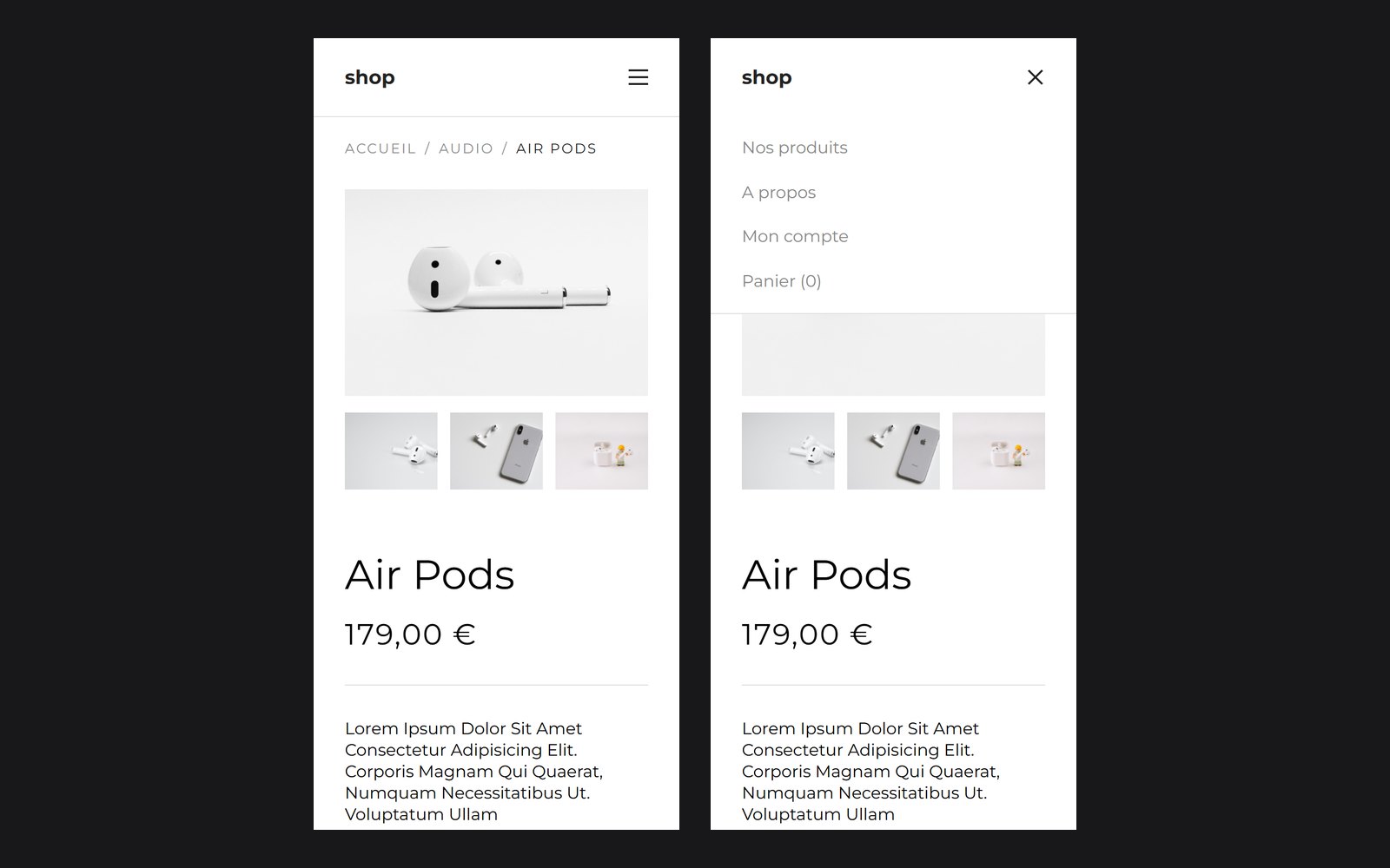La fiche produit en largeur mobile, côte à côte : à gauche le menu fermé, à droite le menu ouvert avec ses quatre entrées.
