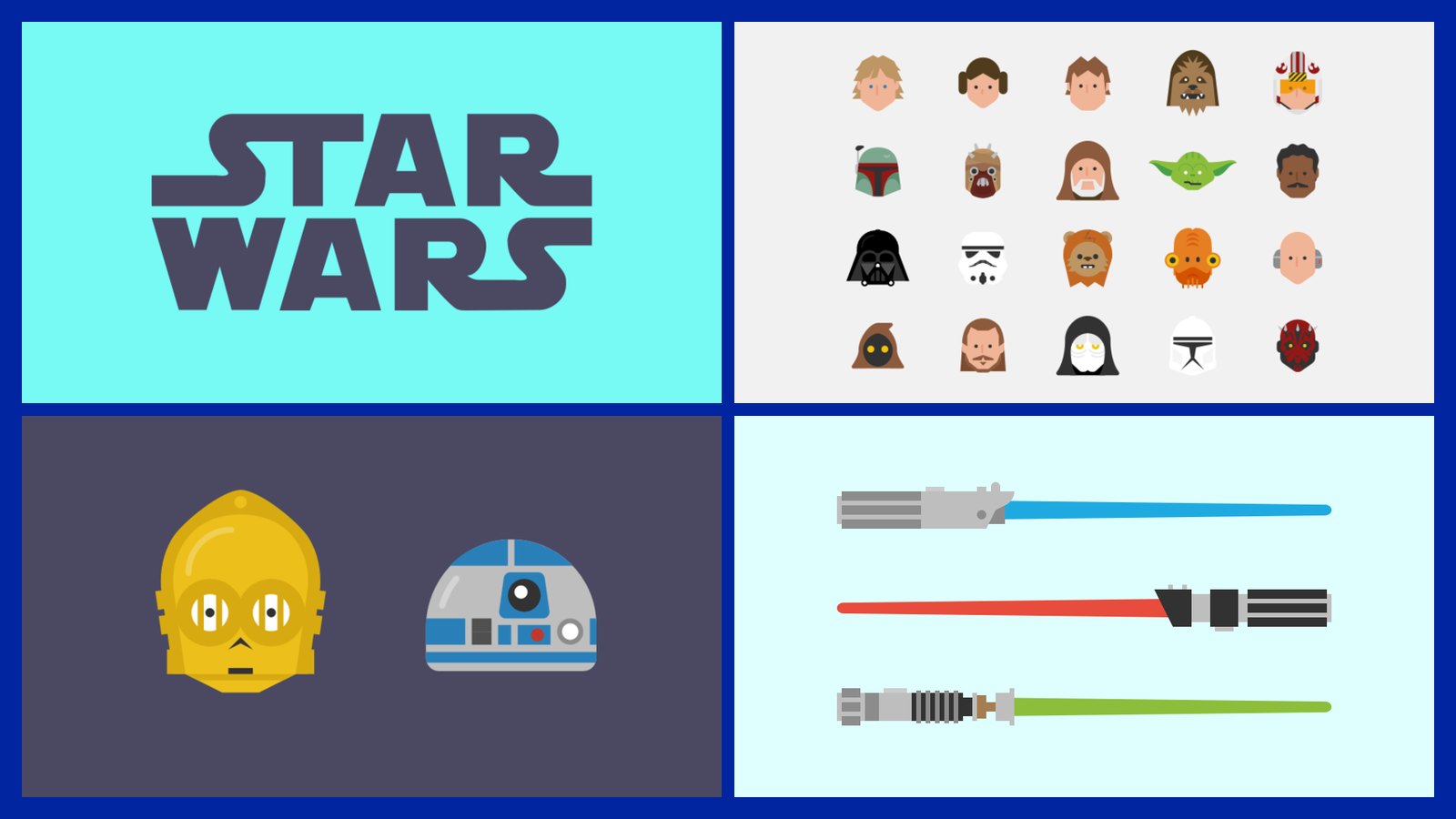 Les quatre planches d'icônes Star Wars proposées au téléchargement sur la page Freebies, disposées en carré.