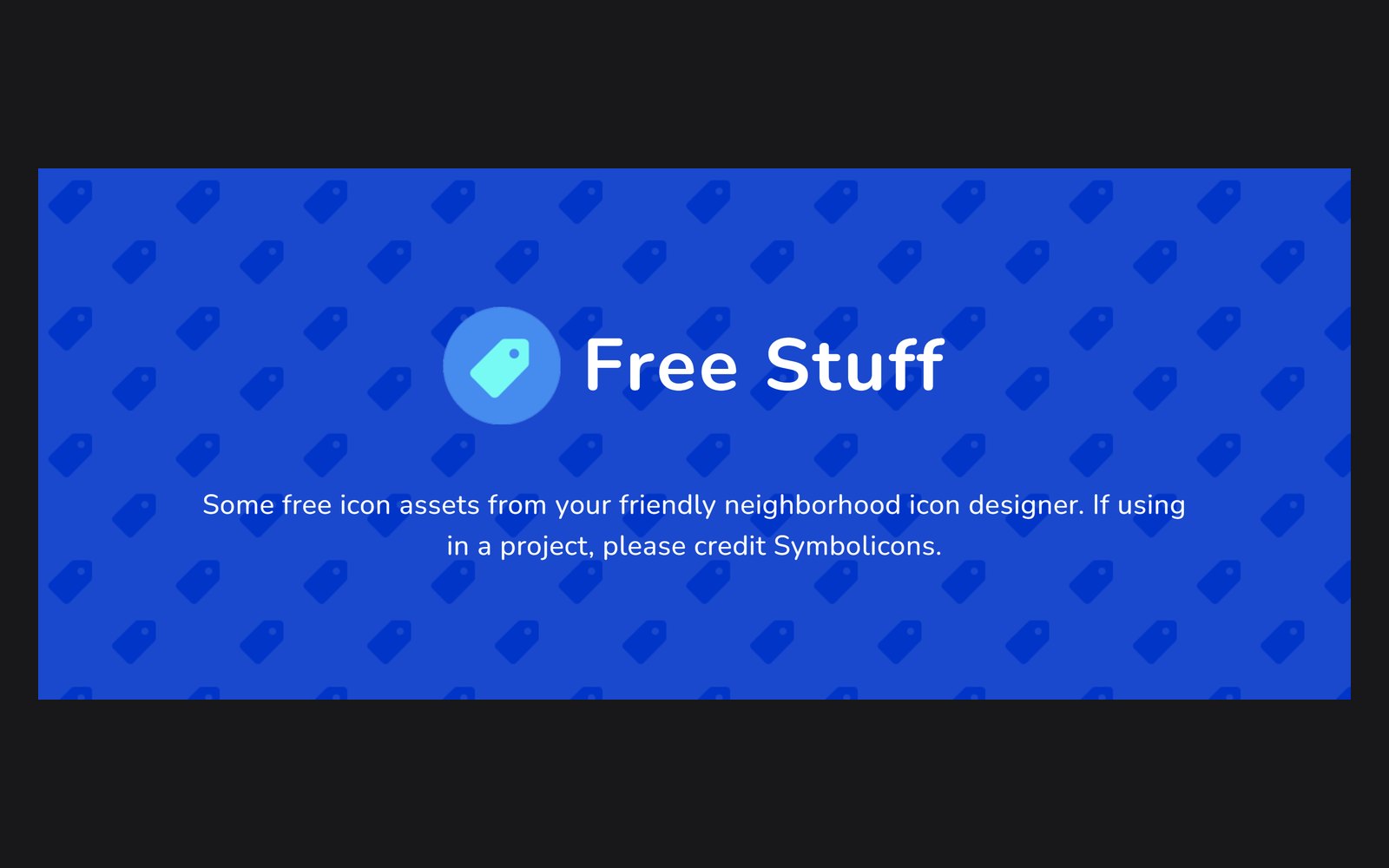 Le hero intégré : pictogramme d'étiquette et titre « Free Stuff » centrés sur l'aplat bleu à motif.