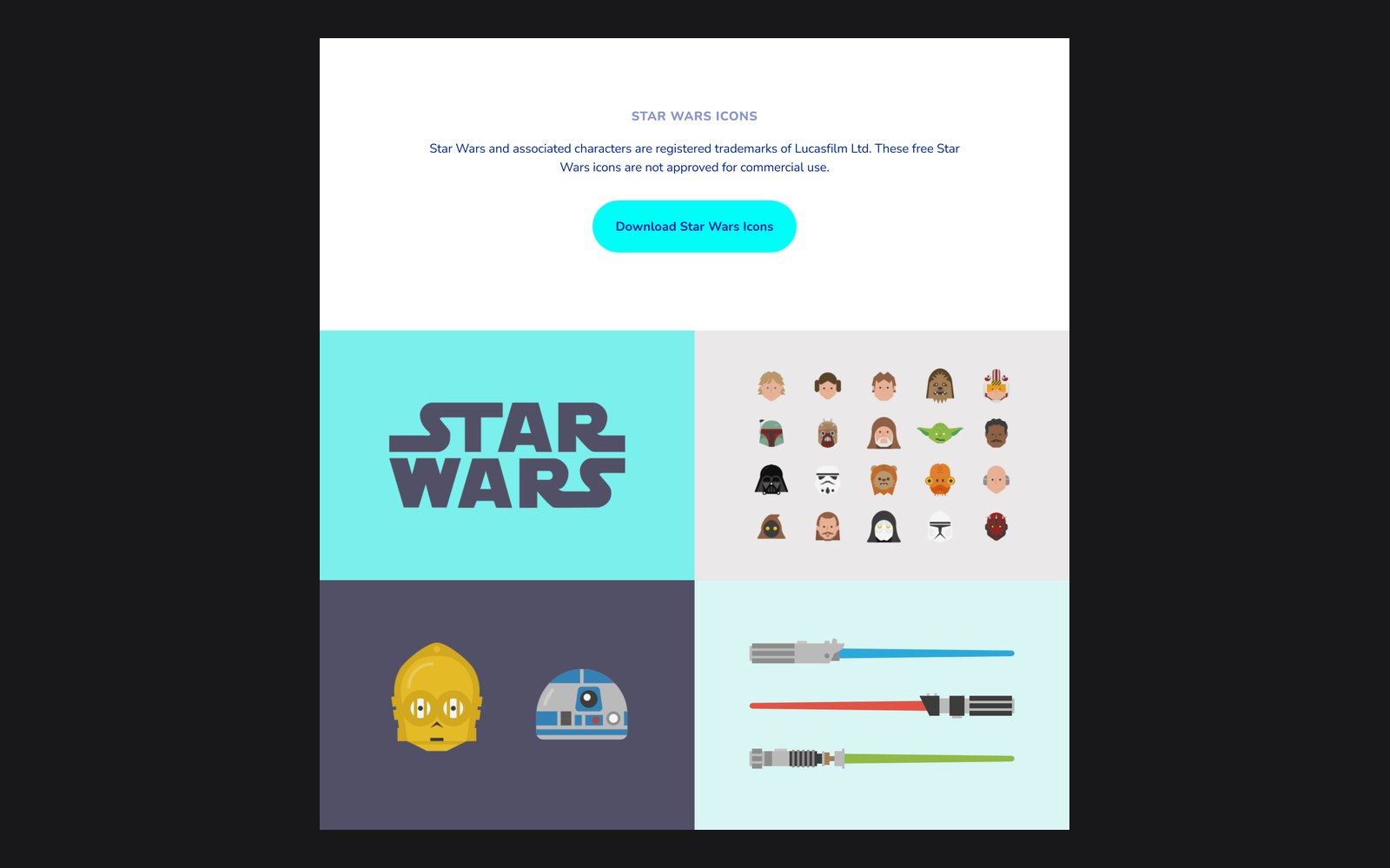 Le bloc de téléchargement : titre, mention légale, bouton turquoise et quatre planches d'icônes Star Wars.