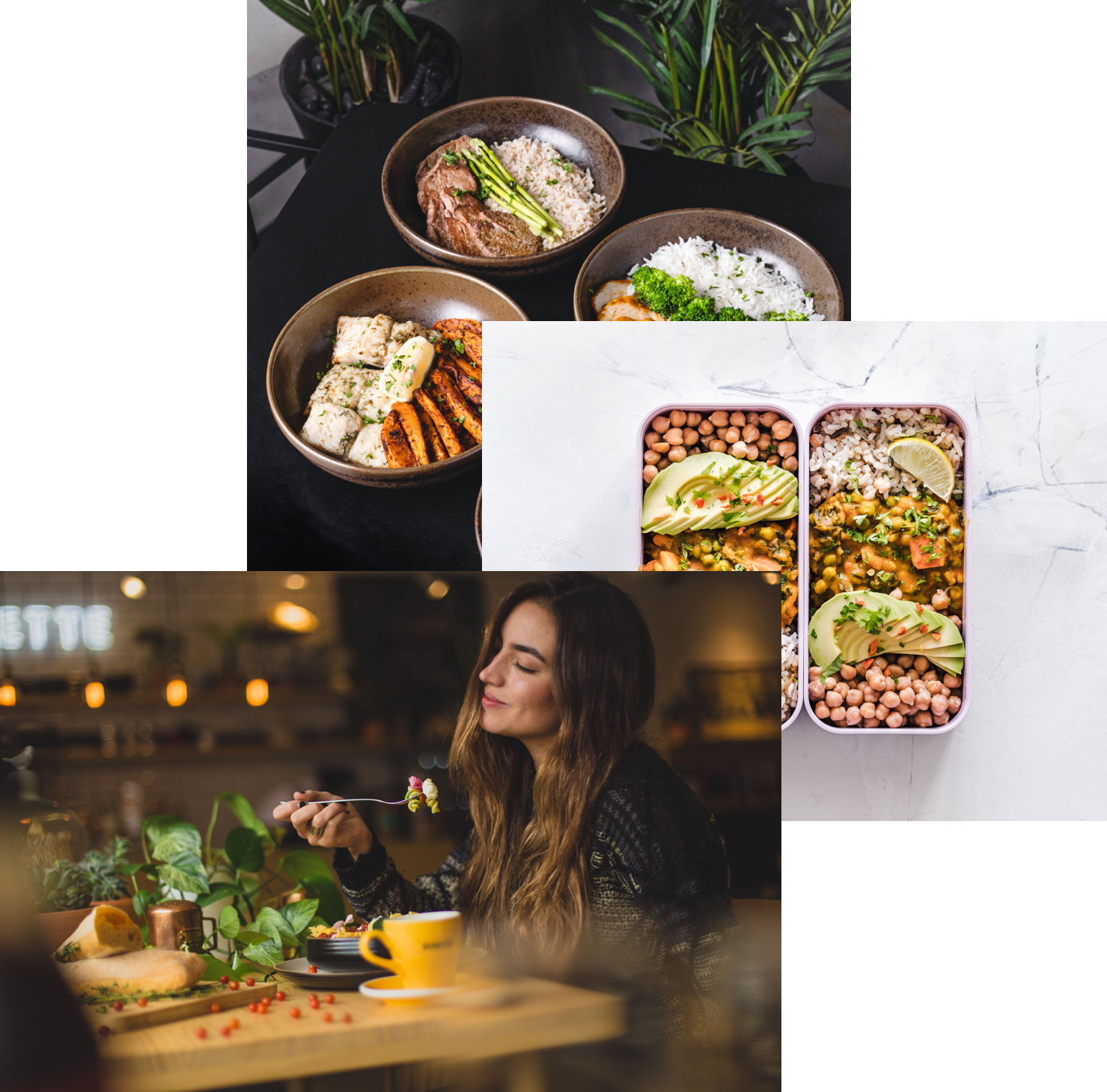 woman eating and bowls